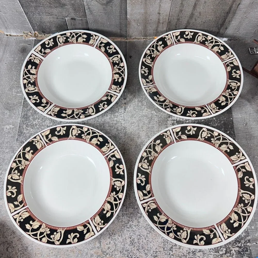 90's Sango SAVOY 8802 Royal Majestic Black Tan Stoneware‎ Rim Soup Bowls Set 4